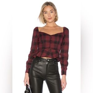 By the way Revolve dark red black check peplum puff long sleeve top blouse XXS